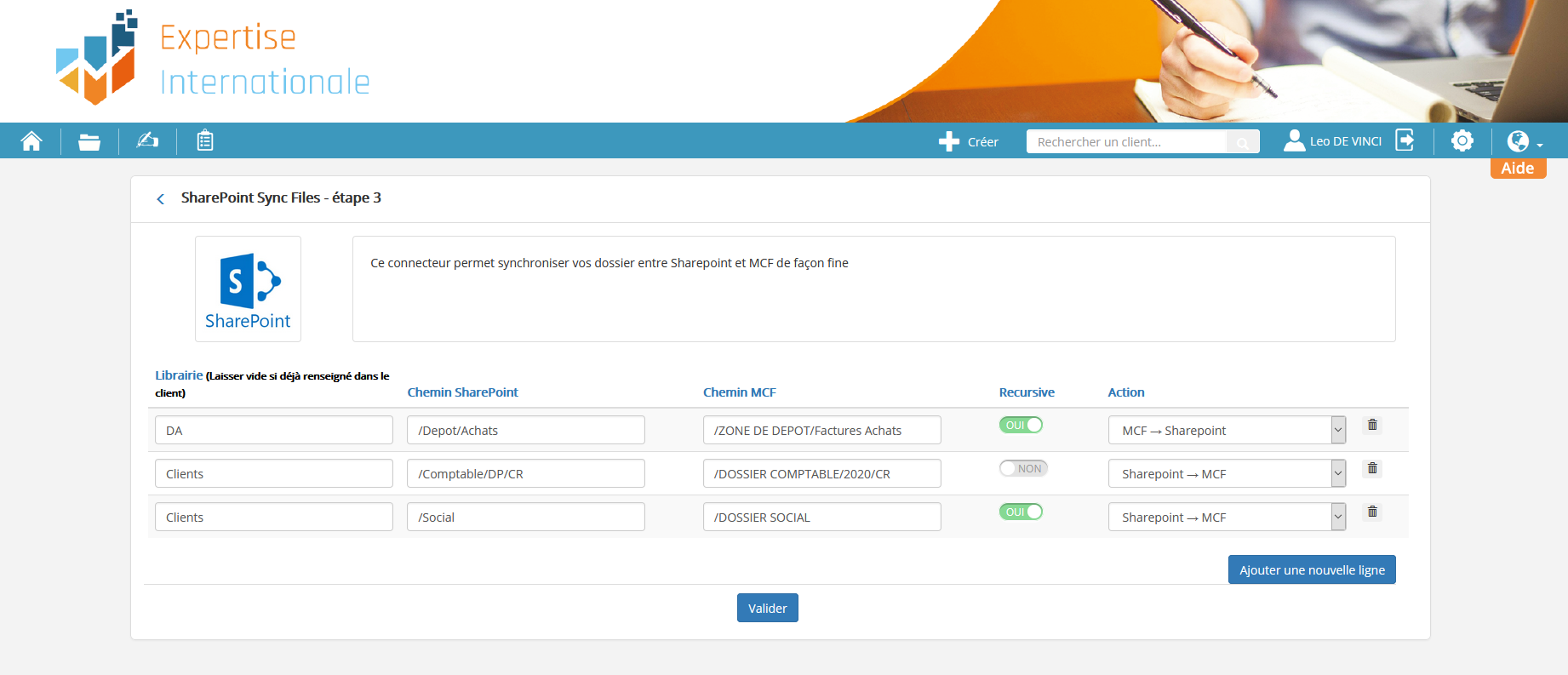 Connexion entre MyCompanyFiles et Sharepoint Microsoft sur la plateforme expertise internationale